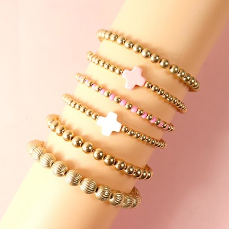 6-pak guldperlearmbånd til kvinder - ikke-anløbende, chunky stretch-papirclips- og perlearmbåndssæt, stabelbare smykker til gaver