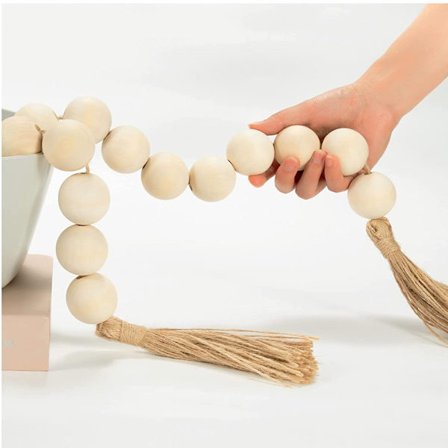 Suuri puinen helminauha, jossa 4 cm:n halkaisijaltaan puuhelmet ja tupsut, koristeelliset helmet Boho-koristeet kotiin, rustiikkinen maalaistalon 