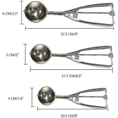 Kakeskje-sett, 3 stk. kakeskjeer i rustfritt stål med utløser, inkluderer stor-medium-liten størrelse, melonskje
