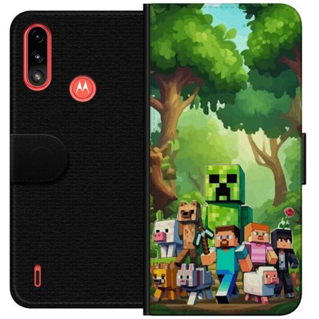 Kompatibelt Lommeboketui til Motorola Moto E7 Power Blokkete pikselerte spillverden med grønne figurer og dyr i frodig skogsmiljø