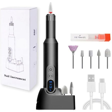Manicure- og pedicuresæt, elektrisk neglefil, 6 negleplejetilbehør, 2 opladningsmetoder, 3 hastighedsniveauer, med LED-display - Sort