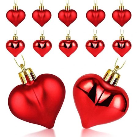 12 røde hjerteformede julekugler, glitter og matte hjerteformede julekugler, velegnet til Valentinsdagsdekoration, hjerteformet