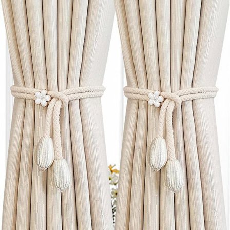 Gardinbånd - Sett med 2 - Håndlaget - Beige snor - 3D blomsterdesign