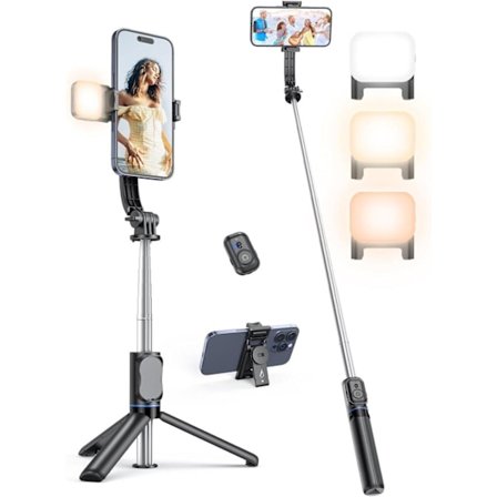 Selfie Lys/106cm Justerbart Stativ Mobilholder Med Bluetooth Fjernbetjening, Aftagelig Klemme, 360° Selfiestick med Fyldlys