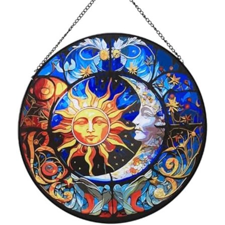 15cm Färgad Glas Solfångare, Sol och Måne Artistisk Fönsterhängande Handmålad Glaspanel Vägg Heminredning, Present till Wo