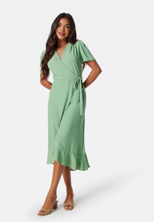 John Zack - Short Sleeve Wrap Dress - Sage Green - Kläder - - Bubbleroom Omlottklänning