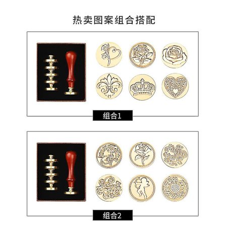 Vaxförseglingsstempelset, 6 st Förseglingsstempel i Koppar 1 Trähandtag, Vaxstämpelset för Kort Kuvert, Inbjudningar, Vinförpackningar