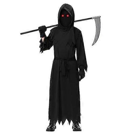 Røde Øyne Grim Reaper Kostyme for Barn 4-12 År - Skummel Halloween Kostyme med Sigd Rekvisitter, Karneval Party Antrekk 110cm-120cm