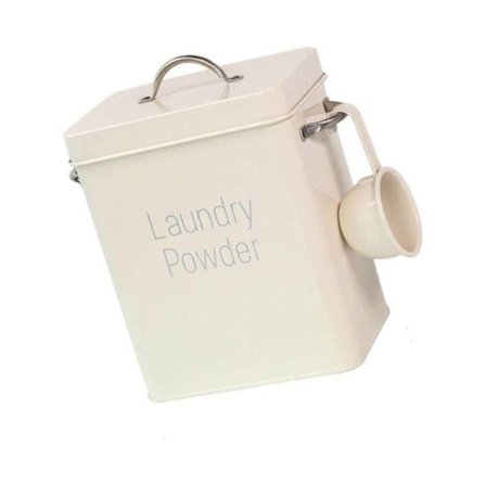 Metal opbevaringsboks til vaskepulver, stor metalboks, risorganisator med ske, hvid