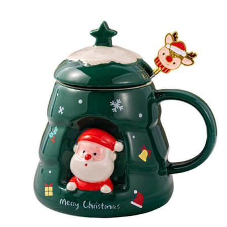 Kreativ julekop, høj farveværdi, tegneserie keramikkop, gave, praktisk gavekrus med låg og ske, gaveæske