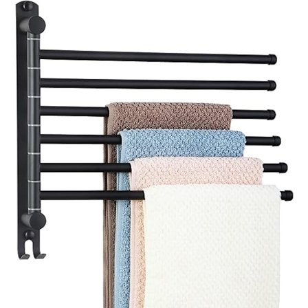 Musta, pyyhekuivausteline 6 tangolla, 180° pyörivä pyyhekuivausteline SUS304 ruostumaton teräs 32CM seinään kiinnitettävä pyyhekuivausteline 