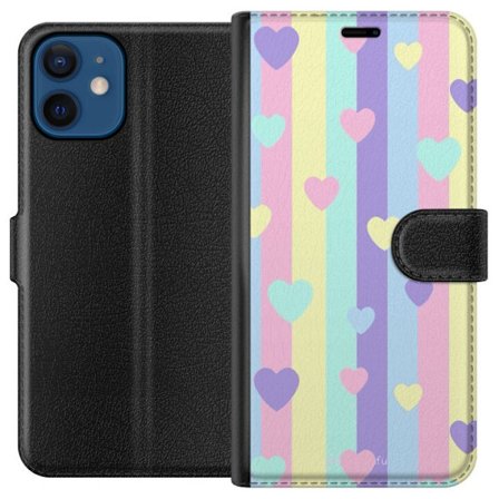 Kompatibel Tegnebogsetui til Apple iPhone 12 Pastelstriber i lyserød, gul, lilla og blå med spredte hjerter i blød kawaii-stil.
