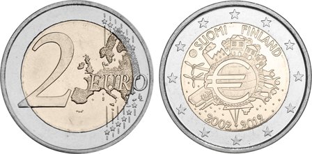 Finland 2012 - 10 år for eurosedler og mønter - 2 euro mønt