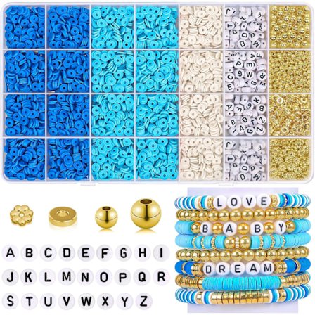 5000 stk vennskapsarmbåndsett Leireperler Armbåndslagingssett Blå Hvit Heishi Leireperler for Armbånd med Bokstav Gullperler for Smykkefremstilling K