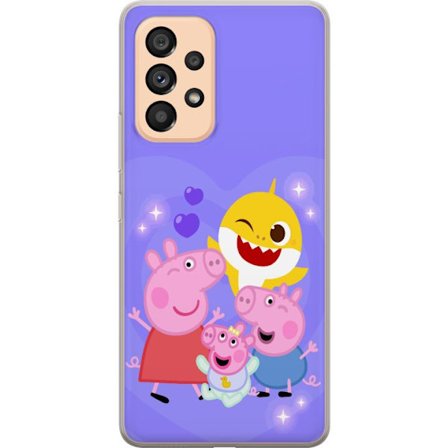 Kompatibel Mobilcover til Samsung Galaxy A53 5G Peppa Gris mønster med hjerter, sommerfugle og venner, lyserød baggrund i bløde børneillustratione