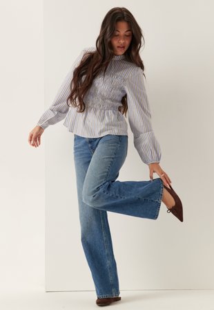 BUBBLEROOM - Smock Cotton Blouse - Blue/Striped