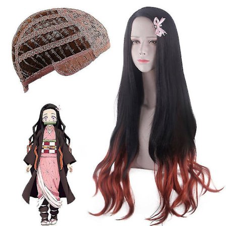 Demon Slayer Kamado Nezuko Kunstig Parykk Bølgete Hår Full Parykker