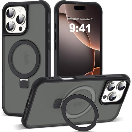 Kompatibel med iPhone 16promax-deksel med usynlig magnetisk O-ringstativ, gjennomskinnelig, kompatibel med Mag-Safe, god grepsfølelse gre