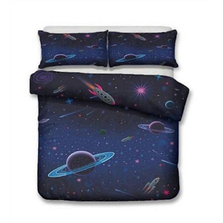 v1107 Sengetøj Kunst Tegneserie Stjerner Raket Planeter Dynebetræk Sæt Boligtekstiler Børn 3-delt Sengesæt (1 Dynebetræk + 2 Pudebetræk) Seng