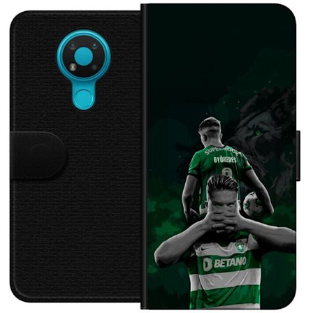 Yhteensopiva Lompakkokotelo Nokia 3.4 Neonmotiivi, jossa teksti "Gaming is in my DNA" sinisenä ja punaisena tiiliseinällä, jossa loistava DNA-spiraali