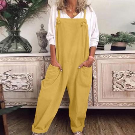 Kvinders Casual Løs Dungarees Romper - Komfortabel Bomuld og Linned Jumpsuit XXL Gul