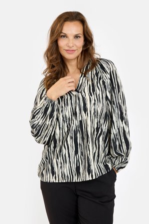 B. COPENHAGEN - Langærmet Bluse - Beige / Sort Mix - Mønstret / Ballon Ærmer