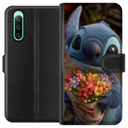 Kompatibelt Lommeboketui til Sony Sony Xperia 10 IV Søt blå figur med store øyne som holder en fargerik bukett i varm og søt stil