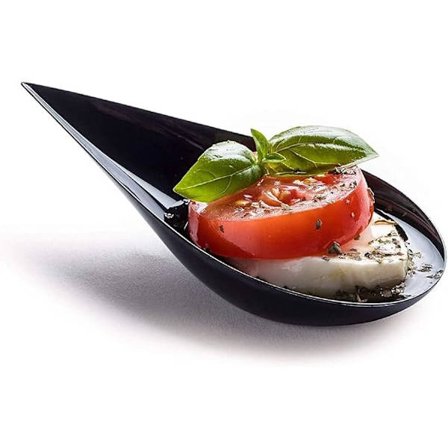 100 4-tommers dråpeformede Mini Appetitt-tallerkener, svarte plastskjeer - Dessert- og appetittretter serveringsfat - Asiatisk skjesett, liten