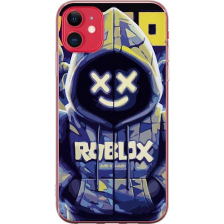 Kompatibelt Mobildeksel til Apple Apple iPhone 11 Blågul Roblox hettegenserfigur med minimalistisk neonstil og masket ansikt, moderne spillillustrasj