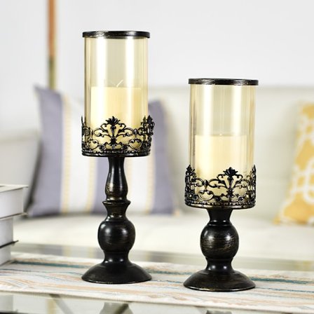 2 st Vintage Distressed Black Hurricane Ljusstake, Mångsidig Metall Piedestal Glas Piedestal Bas för Bröllopsfest Dekoration Kamin Dekor