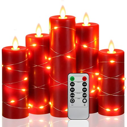 Punainen Da LED-kynttilävalosarja 5 kpl:lla, 360 astetta