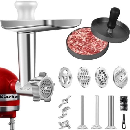 Kødhakker tilbehør til KitchenAid røremaskine, 3 pølsestopper rør og holdere, 4 skiver, 2 knive, hamburgerpresse