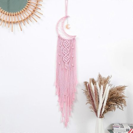 Rosväggdekoration med LED-ljus, bomullsvirkad drömfångare måne väggbonad med tofsar dekorationer för barn sovrum fest prydnad hantverk present