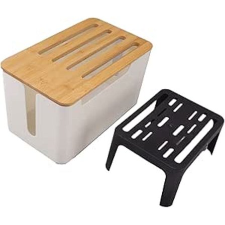 Kabellåda rektangulär plast wifi-router förvaringslåda med träöverdrag, skrivbordssladd arrangör