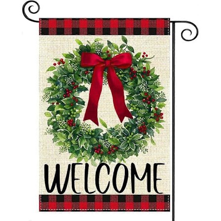 Kranssløjfe Julehaveflag til Udendørs Brug 30 x 45 cm Dobbeltsidet Sækkelærred, Bedste Valg Rød Buffalo Check Plaid Velkommen (AD30) (LGL)