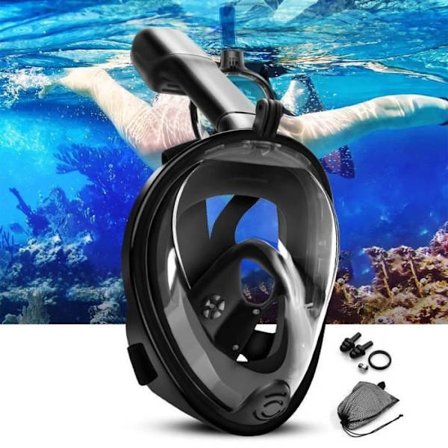 Anti-dugg Snorkelmaske, Full Face 180° Synlig Snorkelmaske (L/XL), + GoPro (Stor rabatt!)