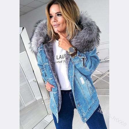 Vinter Tyk Jeansjakke Dame Casual Langærmet Pels Krave Hætte Varmt Frakke W Light Blue M