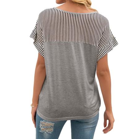 Dam T-shirt Sommar V-hals Rand Kort Ärm Casual Lös