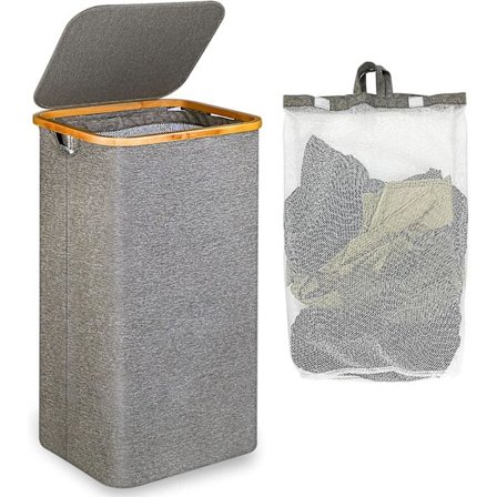 Stor vasketøjskurv med låg, 100L stor vasketøjskurv med bambushåndtag til tøj, stor XXL sammenklappelig vasketøjskurv med grå inderpose