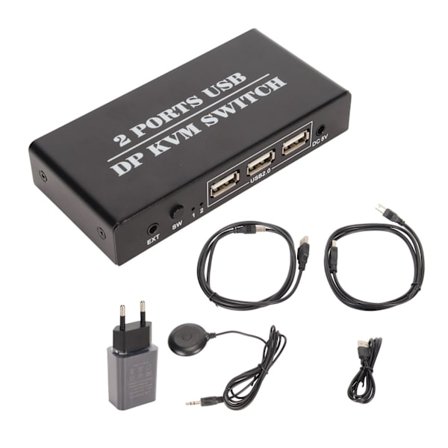 DisplayPort KVM -kytkin, 2 porttia, 4K 60 Hz, kaksoisnäyttö, alumiiniseos, Plug and Play -näppäimistö-hiirikytkin, 100–240 V, EU-pistoke