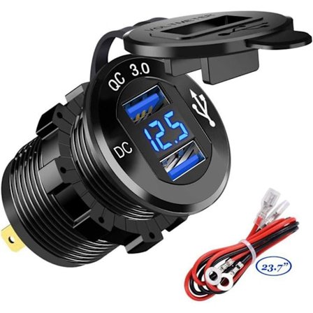 USB Rask Bil Lader To QC3.0 USB-porter, 12V/24V 36W Vanntett med LED Digital Voltmeter for Motorsykkel, Caravan, Lastebil, Båt og Mer