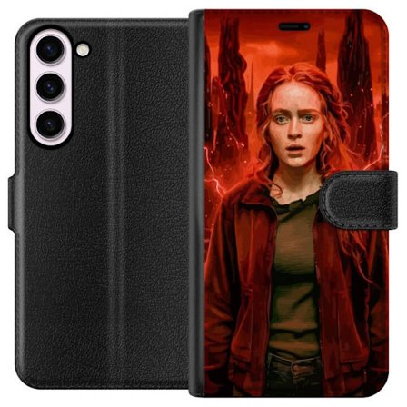 Kompatibelt Plånboksfodral till Samsung Samsung Galaxy S23+ Porträtt av en ung kvinna med rött hår i en apokalyptisk landskap, röda blixtar och m