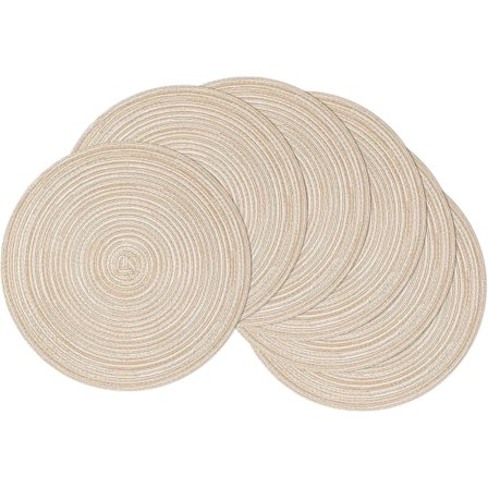 Set med 6 Beige Rund Bordstabletter i Bomull, 38 cm, Tvättsbara Värmebeständiga Köksprydnader