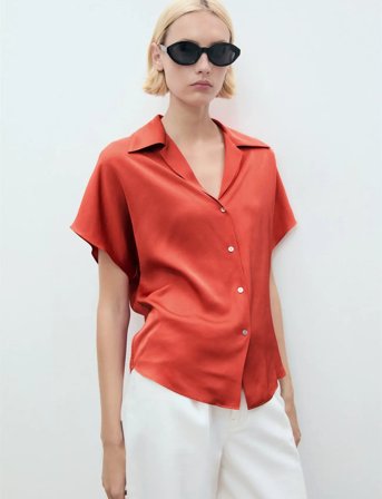 Mango Short Sleeve Fluid Shirt - Red - S