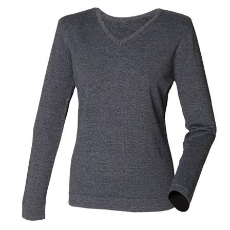 Henbury Dam/Damer 12 Gauge Fint Stickat V-Ringad Tröja / Sweatshirt Grey Marl 2XS