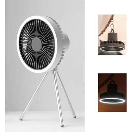 Teltvifte med stativ, skrivebordsvifte med lys, 18 x 18 cm, 560 g, 10 000 mAh, driftstid 27 timer (grå) Hvit