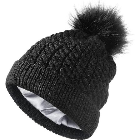 Dam vinter satin fodrad mössa mössa manschett kabel stickad avtagbar konstgjord päls pompom silkesfodrad varm mössa