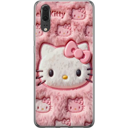 Kompatibel Mobilcover til Huawei P20 Hello Kitty lyserød fluffy baggrund med ikonisk ansigt og kawaii-æstetik