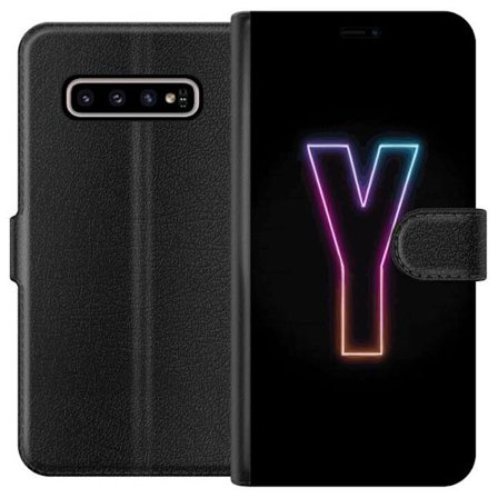 Kompatibelt Plånboksfodral till Samsung Samsung Galaxy S10+ Minimalistisk neonbokstav Y i färgskiftande ljus mot svart bakgrund
