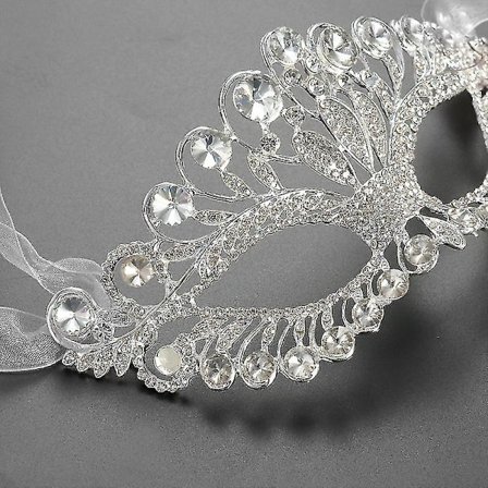 Luksuriøs og elegant diamant-rhinestone-maske, maske til maskeradeball, krone i legering for kvinner (sølv)